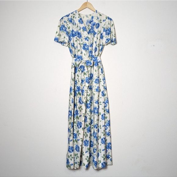 SOLD Vintage 50s Handmade Blue Floral Print Midi Maxi Wrap Dress Short Sleeve - Picture 6 of 16